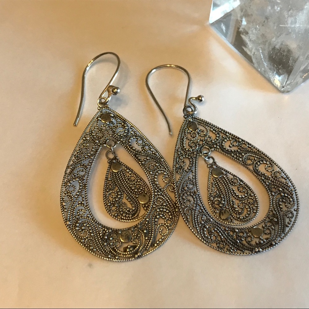 Sterling Silver Fillagree Teardrop Dangle Earrings